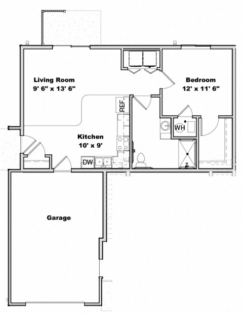Floor plan for 1 bed, 1 bath, 711 sqft
